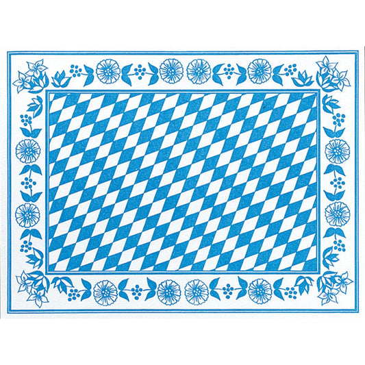 Die Dunicel-Tischsets 30 x 40 cm Bayer. Raute von Duni GmbH zeichnen sich durch eine florale Bordüre und ein blau-weißes Rautenmuster aus, ideal für eine stilvolle Tischdekoration. Jede Packung enthält 100 elegante, geometrische Tischsets, perfekt für jeden Anlass.