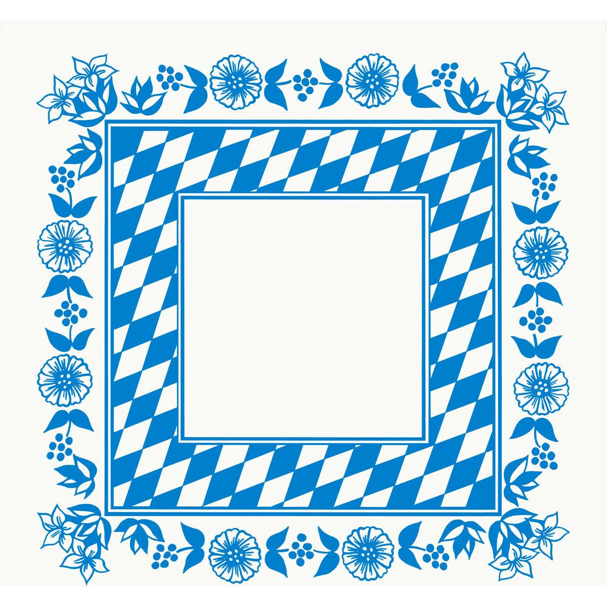 A square Dunicel tablecloth 84x84 cm by Duni GmbH with a blue and white Bavarian diamond border, blue floral frame on a white background, and a blank center - perfect for a stylish table decoration. Package: 20 pieces.
