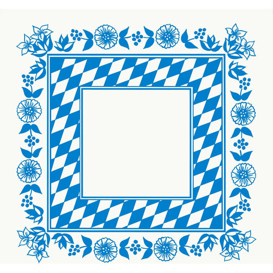 Die Dunicel-Mitteldecken 84 x 84 cm von Duni GmbH haben eine blau-weiße Bayer. Raute-Bordüre mit blauen Blumenmustern auf Weiß, perfekt für die Tischdekoration. Die Mitte ist unbedruckt. Verkauft in Packungen mit 20 Stück.