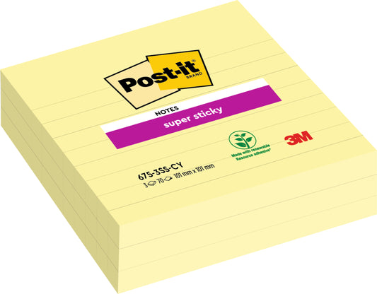 Ein Stapel großer, gelber Post-it® Super Sticky Notes von 3M Deutschland GmbH (101 mm x 101 mm, 70 Blatt/Block), gekennzeichnet mit 100% PEFC. Mit violettem "Super Sticky"-Etikett und aus zertifiziertem Recyclingpapier hergestellt.