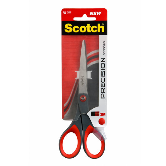 Eine Packung Scotch™ Präzisionsschere rot von 3M Deutschland GmbH, 18 cm lang mit roten und schwarzen Griffen, präsentiert in einer durchsichtigen Kunststoff- und Kartonverpackung mit Produktbranding und Details.