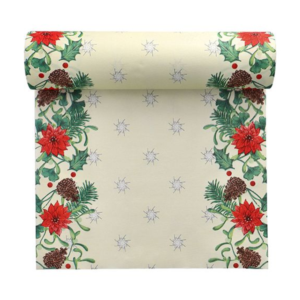 A product of PAPSTAR GmbH, the Airlaid table runner "Winterly" in a 24 m x 40 cm large roll, has a cream-colored background adorned at the edges with floral and pinecone motifs. This design is inspired by the Winterly design and includes red flowers, green leaves, pinecones, and small stars to create an inviting, festive holiday theme.