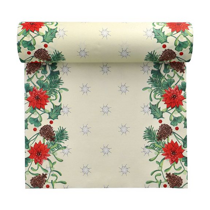 A product of PAPSTAR GmbH, the Airlaid table runner "Winterly" in a 24 m x 40 cm large roll, has a cream-colored background adorned at the edges with floral and pinecone motifs. This design is inspired by the Winterly design and includes red flowers, green leaves, pinecones, and small stars to create an inviting, festive holiday theme.