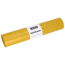 Abgebildet ist eine Rolle EMIL DEISS KG (GmbH + Co.) gelbe DEISS Abfallsäcke aus Recycling-LDPE 120 l (25 Stück) auf weißem Hintergrund mit weißem Etikett.