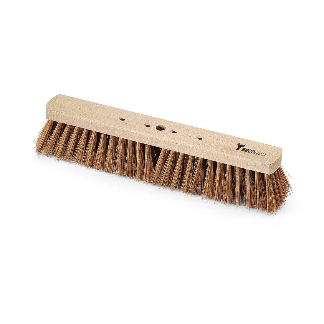 The Nölle Profi Brush BECOnnect hall broom with Poly-Coconut wooden body from Nölle Profi Brush Bürsten- & Pinseltechnik e.K. has a robust wooden body, dense Poly-Coconut bristles, three grip holes on the top, and a small printed logo at one end.