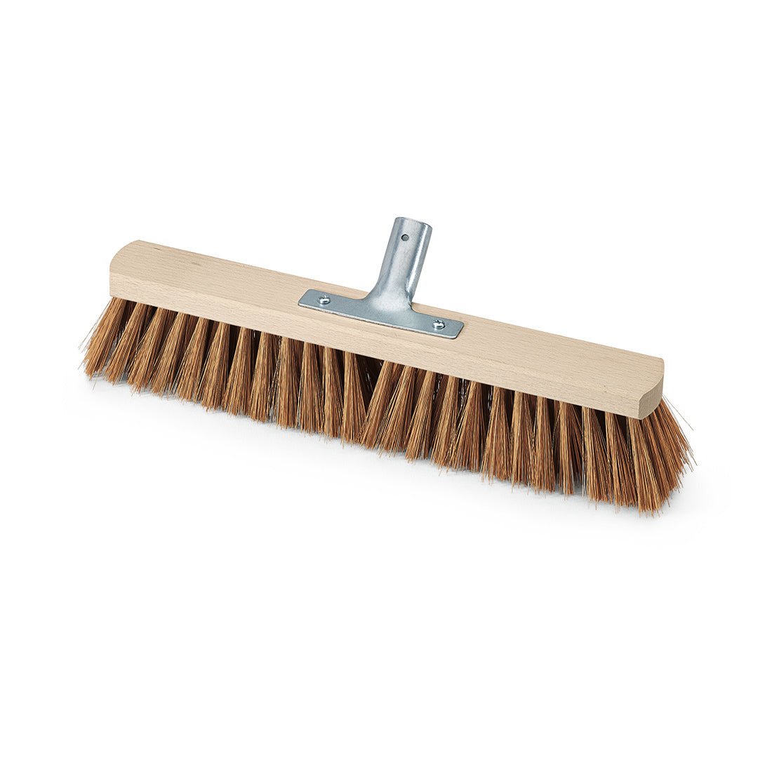The Nölle Profi Brush Hall Broom 50 cm Poly-Coconut with Metal Handle Holder from Nölle Profi Brush Brush & Paintbrush Technology e.K. is depicted with a wooden block and brown bristles on a white background.