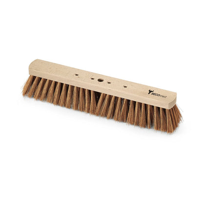 The Nölle Profi Brush BECOnnect hall broom with Poly-Coconut wooden body from Nölle Profi Brush Bürsten- & Pinseltechnik e.K. has dense brown Poly-Coconut bristles and holes for handle attachment, depicted on a white background.