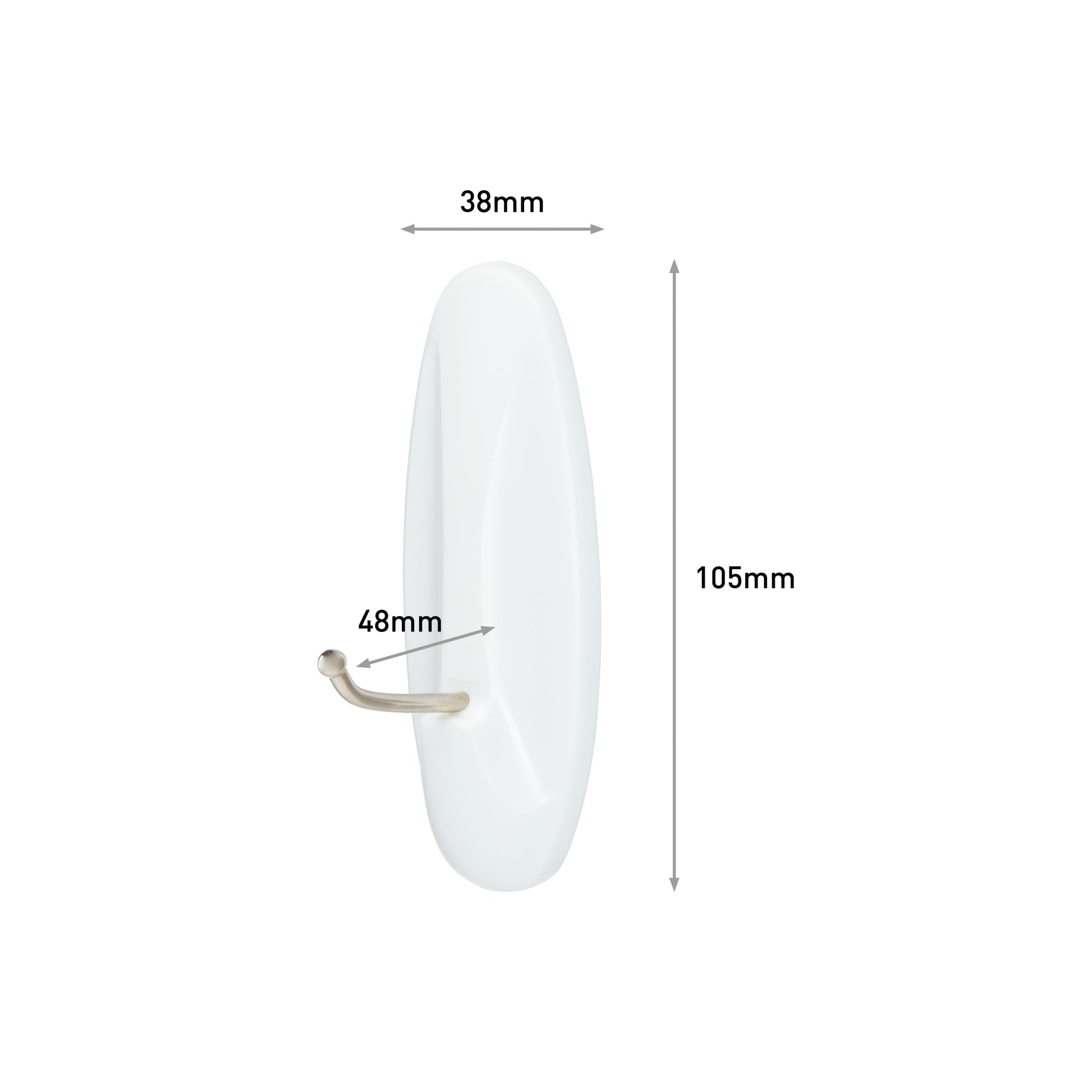 Der Command™ Large Drahthaken, 17069 von 3M Deutschland GmbH ist ein weißer Wandhaken mit einem silbernen Metallzapfen, der 38 mm breit und 105 mm hoch ist, und einem Zapfen, der 48 mm aus der Basis herausragt. Die Packung enthält 1 Stück.