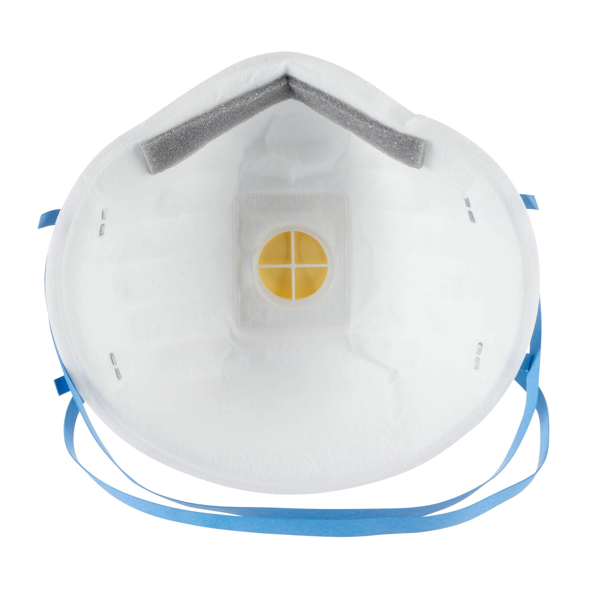 Die 3M™ Cool Flow™ Partikelmaske 8822, FFP2, von 3M Deutschland GmbH ist eine weiße Atemschutzmaske mit gelbem Ventil in der Mitte, grauem Schaumstoff oben zur Polsterung und zwei blauen Elastikbändern an den Seiten.