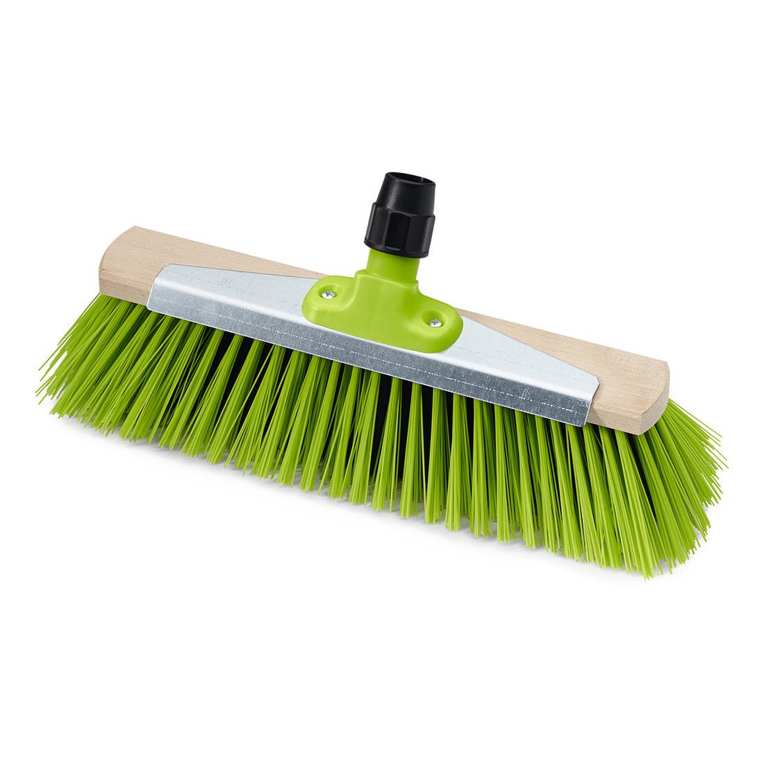 The Nölle Profi Brush Prestige Universal Broom 40 cm features a robust beechwood body, bright green elaston bristles, a metal support plate, and a black plastic handle attachment. Brand: Nölle Profi Brush Brush & Paintbrush Technology e.K.