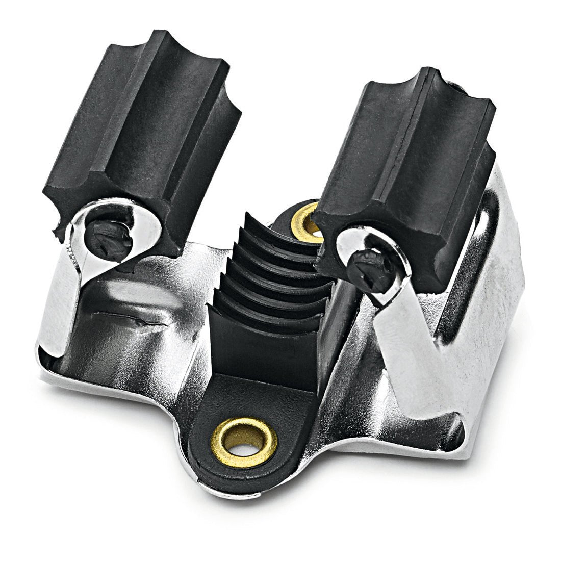 Close-up of the Nölle Profi Brush broom and tool holder (1 piece) from Nölle Profi Brush Bürsten- & Pinseltechnik e.K. — a metal holder with a TPE clamping roller, ribbed rubber buffers, a grooved center, and mounting holes.