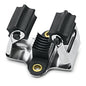 Close-up of the Nölle Profi Brush broom and tool holder (1 piece) from Nölle Profi Brush Bürsten- & Pinseltechnik e.K. — a metal holder with a TPE clamping roller, ribbed rubber buffers, a grooved center, and mounting holes.