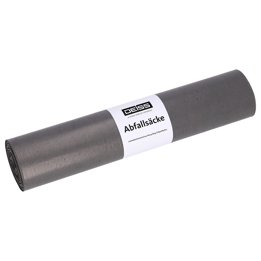 Eine graue Rolle der EMIL DEISS KG (GmbH + Co.) DEISS 24004 Müllsäcke, 500+200x1100 mm Typ 70, Rolle mit 25 Stück, ideal für die gewerbliche Abfallentsorgung.