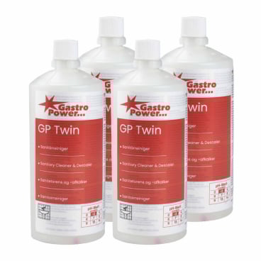 Vier klare 325-ml-Flaschen Abena Re-Seller GmbH GastroPower GP Twin Sanitärreiniger (1999915027), 4er-Pack, sind vor einem weißen Hintergrund angeordnet - ideal für die professionelle gewerbliche Reinigung.