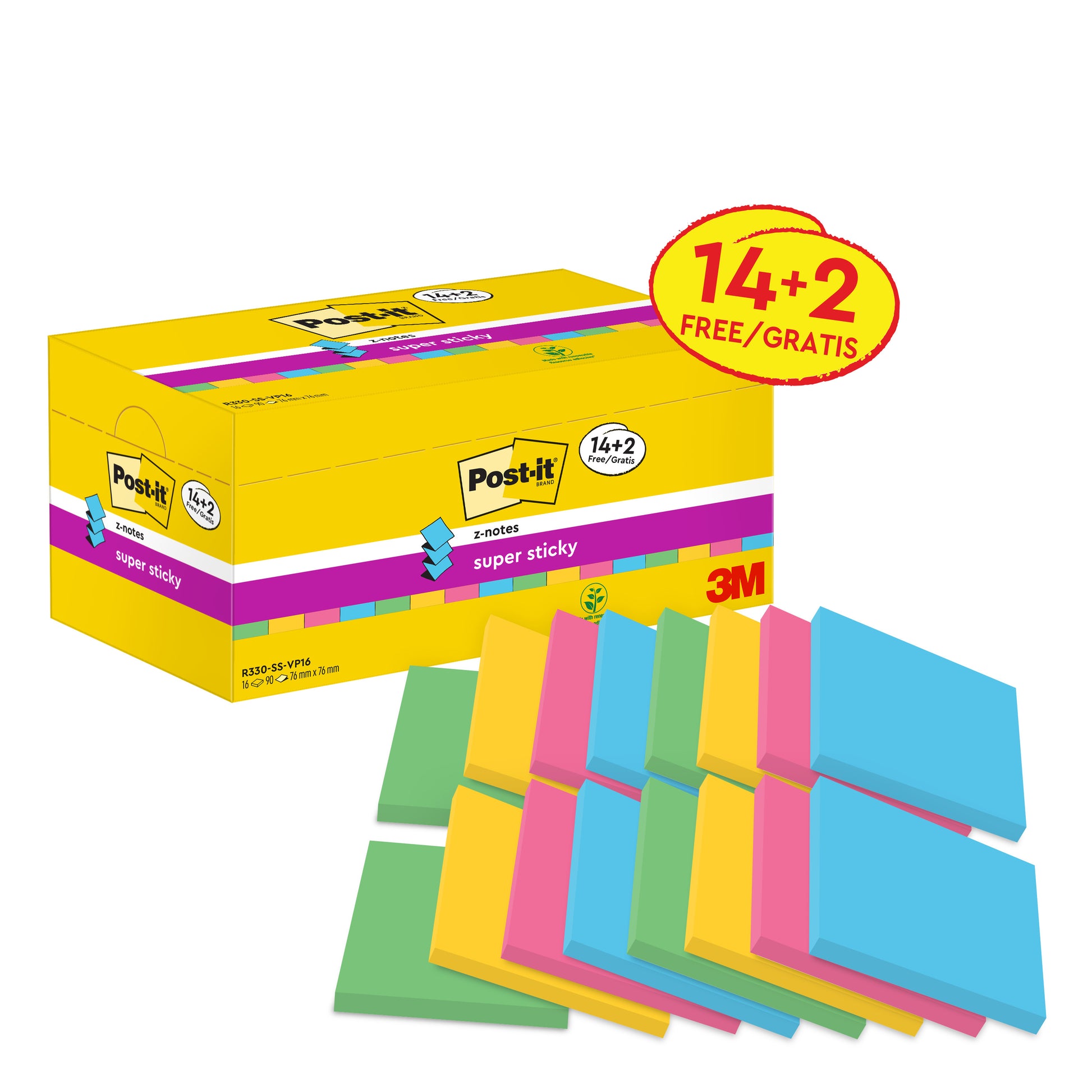 Eine gelbe Schachtel mit 3M's Post-it® Super Sticky Z-Notes (76x76mm, 90 Blatt/Block) trägt die Aufschrift "14 Blöcke + 2 Gratis/Packung" und zeigt Blöcke in blau, grün, rosa und gelb. Die Packung enthält 16 Blöcke in verschiedenen Farben.