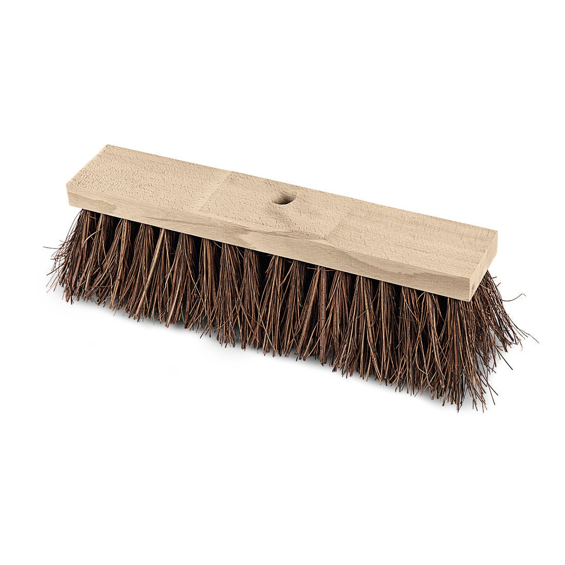 The Nölle Profi Brush Street Broom Piassava 40 cm from Nölle Profi Brush Bürsten- & Pinseltechnik e.K. features a rectangular saddle wood handle, dark stiff bristles, and a center hole for attaching a broomstick.
