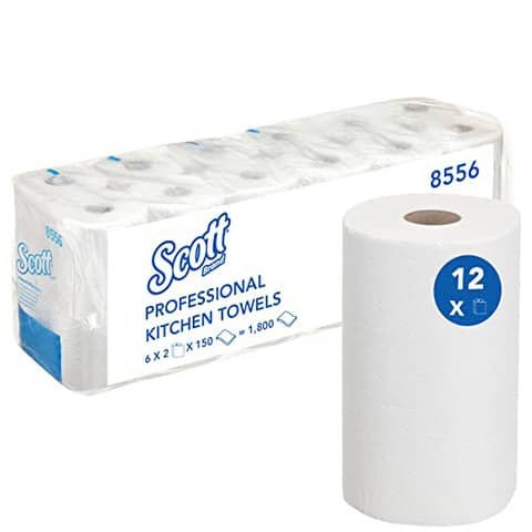 A box of Scott® COMFORT kitchen roll from Kimberly-Clark GmbH contains 6 packs with 2 white rolls (150 sheets each), ideal for daily use with high absorbency - perfect kitchen paper for everyday life.