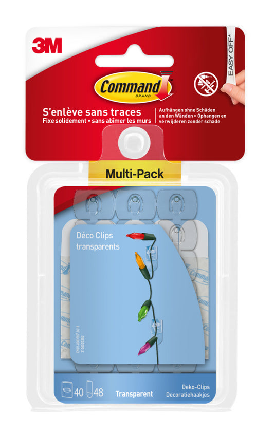 Ein Multipack mit 40 Command™ Dekorations-Clips, transparent mit 48 Klebestreifen von 3M Deutschland GmbH, zum beschädigungsfreien Aufhängen. Die Verpackung enthält englischen, französischen und deutschen Text.