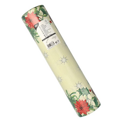 A roll of the fabric-like table runner from PAPSTAR GmbH measuring 24 meters by 40 centimeters, decorated with a winter design of red poinsettias and green leaves, carries the FSC certification label, thus guaranteeing compliance with sustainable standards.