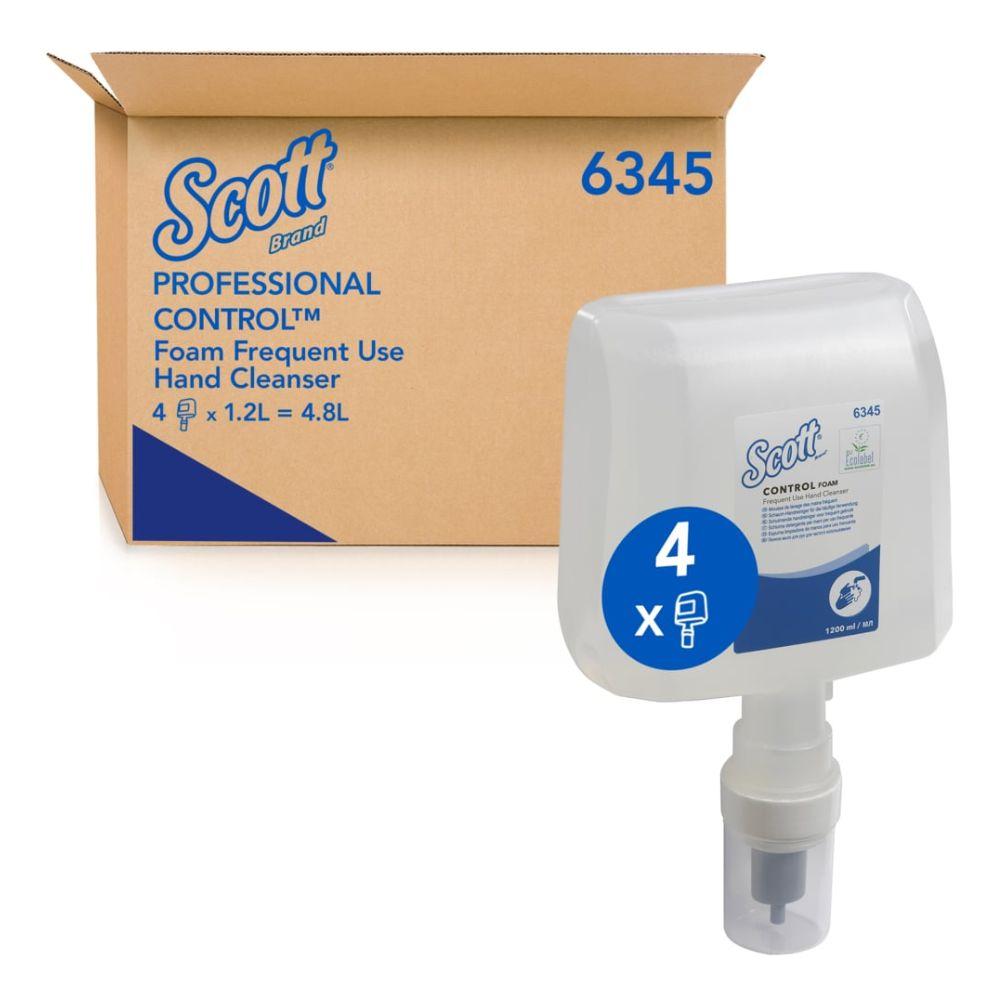 A "Scott® Control™ Foam Hand Cleanser | Carton (4 Cartridges)" from Kimberly-Clark GmbH stands next to a refill bottle with pump-perfect for adhering to hand hygiene protocols.