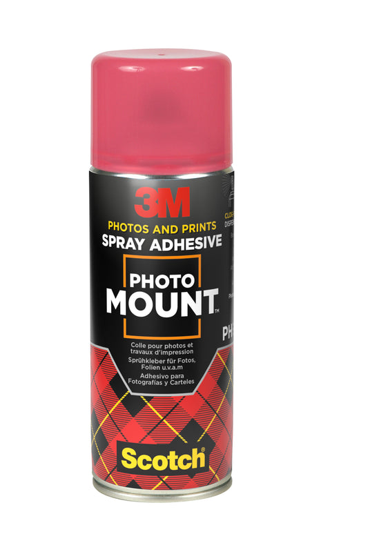 Eine 400-ml-Dose 3M™ Scotch® PhotoMount™ Klebespray von 3M Deutschland GmbH mit roter Kappe, rot-gelb kariertem Design am Boden und dem Scotch-Logo am Boden. Verkauft als 1 Dose pro Packung.