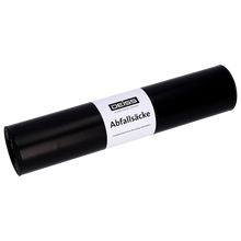 Eine Rolle EMIL DEISS KG (GmbH + Co.) DEISS 25770 Müllsäcke (575x1000 mm, Typ 60, schwarz, 25 Stück) mit weißem Mitteletikett erscheint auf einfarbigem hellem Hintergrund.