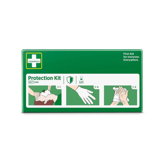 Eine grüne Schachtel mit der Aufschrift "Schutzset" von Orkla Wound Care AB enthält eine Gesichtsmaske mit Ventil, vier Handschuhe und Hinweise auf einen Sicherheits-Hautreiniger. Der Text lautet: "Erste Hilfe für alle. Everywhere." Die Packung enthält 1 Stück.
