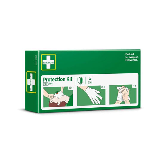 Eine grüne Schachtel von Orkla Wound Care AB mit der Aufschrift "Schutzset" enthält Abbildungen für HLW, Handschuhe und Handreinigung. Die Packung enthält 1 Atemmaske mit Einwegventil, 4 Handschuhe und 2 Sicherheits-Hautreinigungsmittel. Für die Erste Hilfe überall.