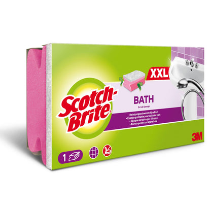 Eine Packung Scotch-Brite® Bath Griffschwamm XXL für das Bad (1 Stück) von 3M Deutschland GmbH, abgebildet mit einem rosa-weißen Badeschwamm, Produktdetails, Anwendungssymbolen, grün-lila Verpackung und dem 3M Logo unten rechts.