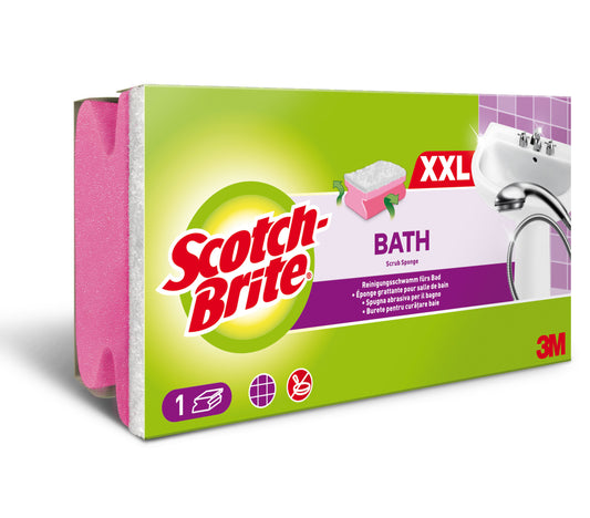 Eine rechteckige Verpackung der 3M Deutschland GmbH Scotch-Brite® Bath Griffschwamm XXL für das Bad (1 Stück) zeigt einen rosafarbenen Reinigungsschwamm und eine grüne und lila Verpackung mit Produktbildern und mehrsprachigem Text.