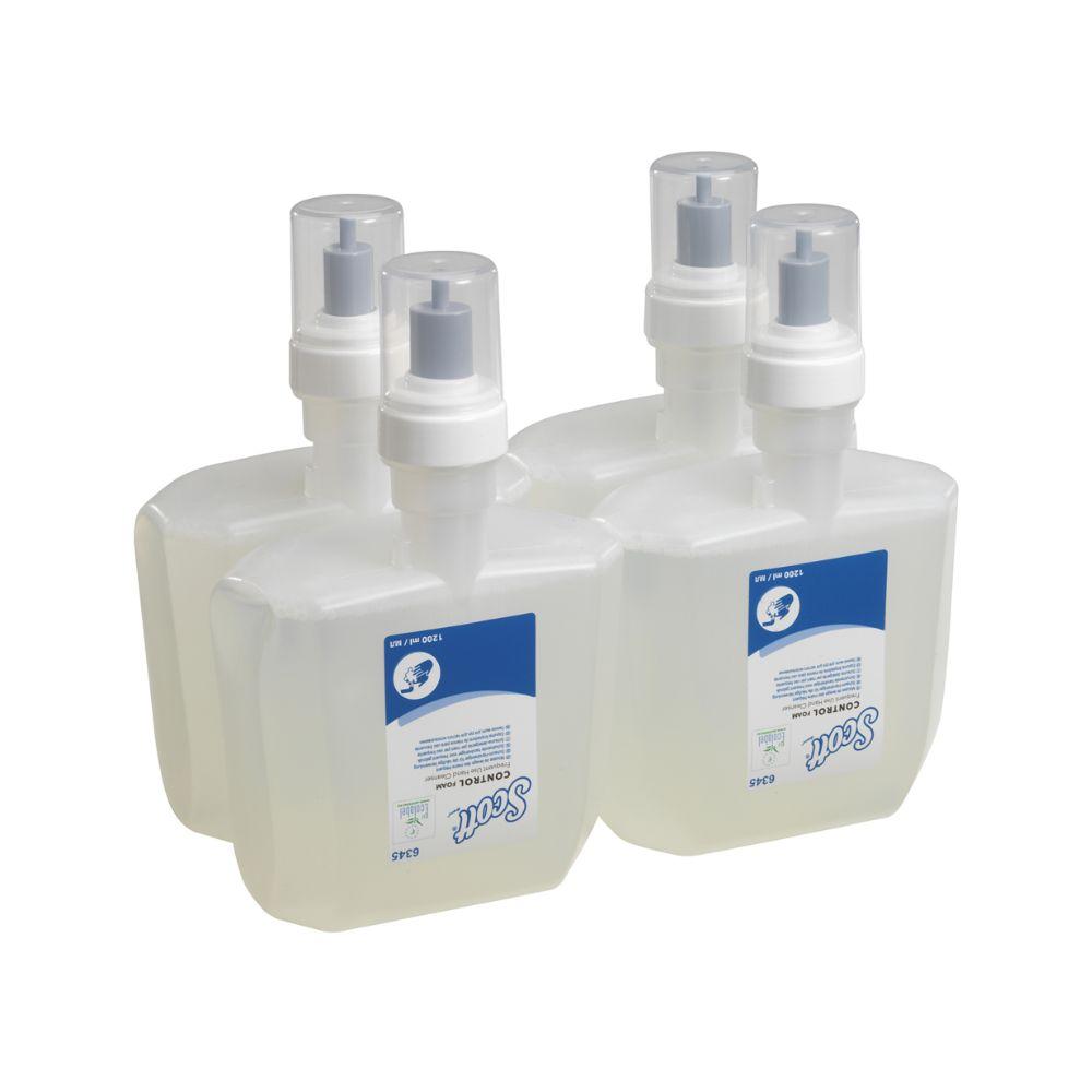 Four Scott® Control™ Foam Hand Cleanser cartridges from Kimberly-Clark GmbH are packaged together, each with a clear design and a secure closure to support effective hand hygiene protocols. (The package contains 4 pieces.).