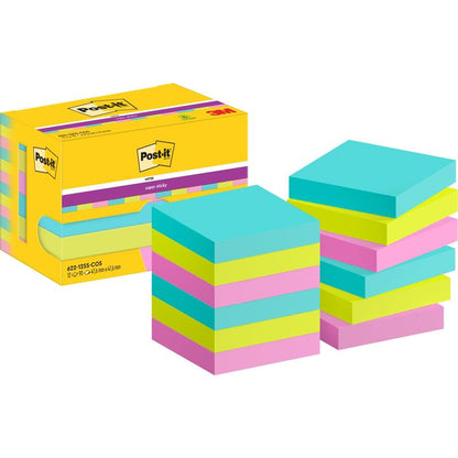 A yellow box of Post-it® Super Sticky Notes (47.6 mm x 47.6 mm, 90 sheets/block, 100% PEFC) from 3M Deutschland GmbH stands next to ten stacks of square blue, yellow, and pink notes with Post-it and 3M logos.