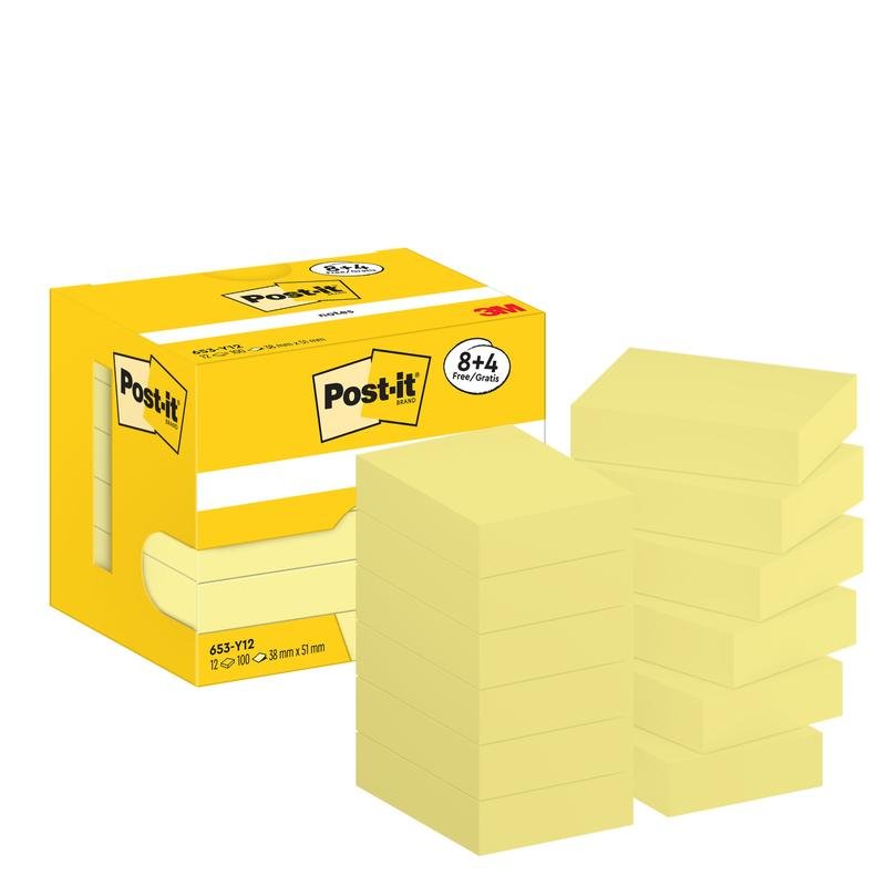 A yellow box of Post-it® Notes, Yellow, 38 mm x 51 mm from 3M Deutschland GmbH stands next to twelve stacks with the label "8 pads + 4 free", each pack contains 100 sheets/pad, in a cardboard packaging with PEFC certification.