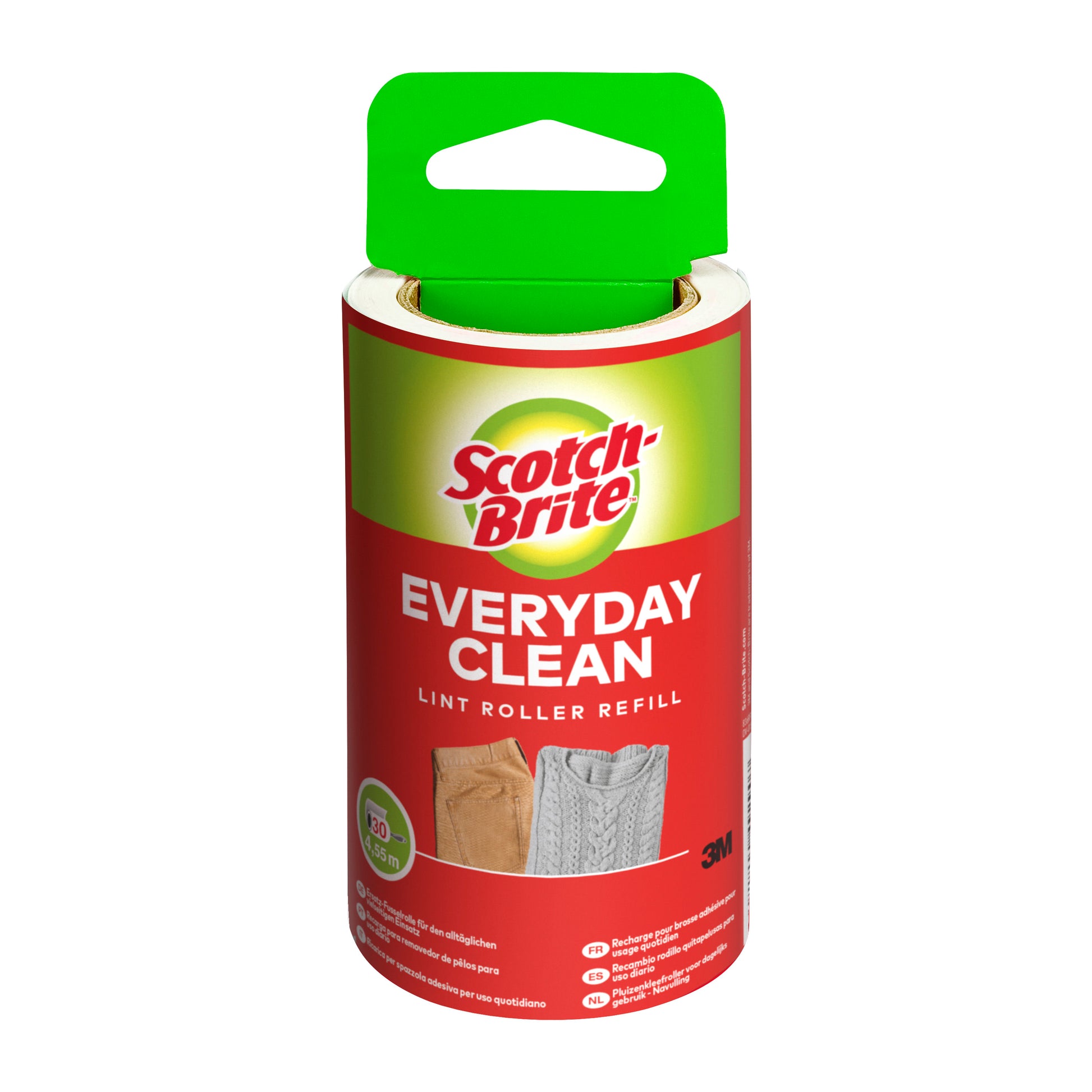 Eine Scotch-Brite™ Everyday Clean Ersatz-Fusselrolle von 3M Deutschland GmbH, mit rot-grünem Etikett und Bild von Pullover & Schlauch, enthält 30 Blatt pro Packung (1 Stück).