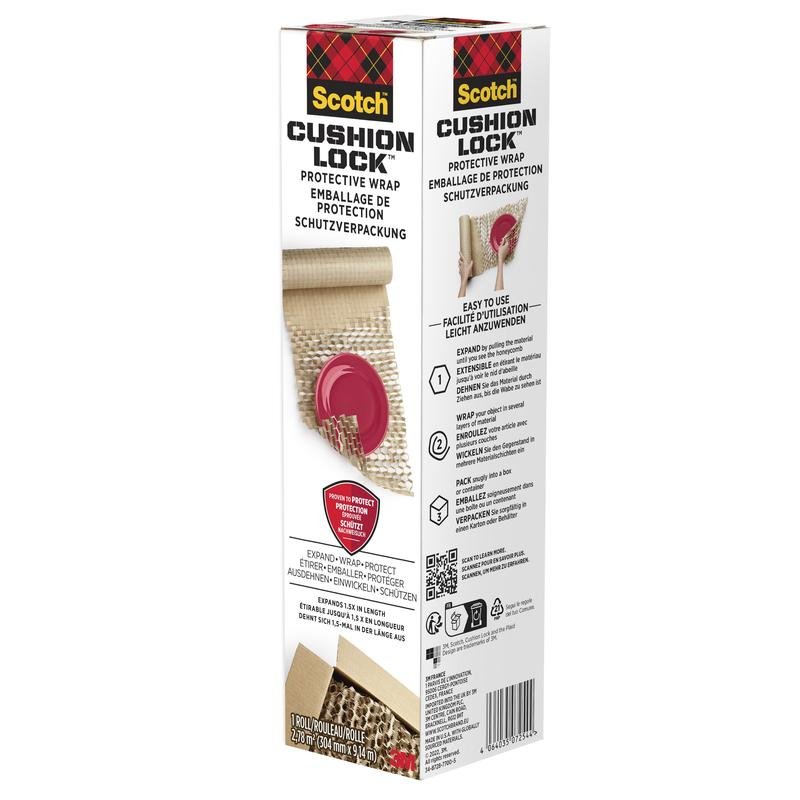 A box of Scotch™ Cushion Lock™ protective packaging (30.4 cm x 9.14 m, 1 roll) from 3M Deutschland GmbH is shown standing upright with branding and multilingual text highlighting the air cushion protection for delicate items.