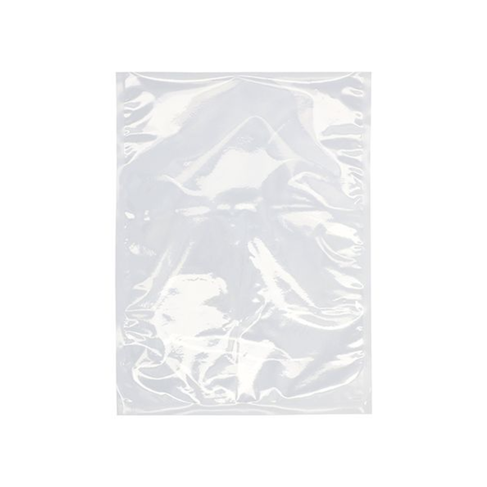 Ein transparenter Starpak 100 Siegelrandbeutel von Starpak ist vor einem weißen Hintergrund abgebildet. Der rechteckige PA/PE-Kunststoffbeutel erscheint flach und leicht zerknittert, auf seiner Oberfläche sind Reflexionen sichtbar.