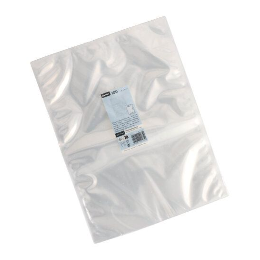 Eine Packung mit 100 Starpak Siegelrandbeuteln (PA/PE transparent) ist gestapelt auf weißem Hintergrund abgebildet. In der Mitte befindet sich ein weißes und blaues Etikett mit Produktangaben.