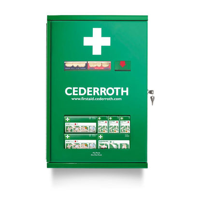A green, wall-mounted Cederroth First Aid Cabinet Double Door (Metal) by Orkla Wound Care AB displays a white cross, a key in the lock, visible first aid supplies behind transparent panels, and "www.firstaid.cederroth.com" on the front.