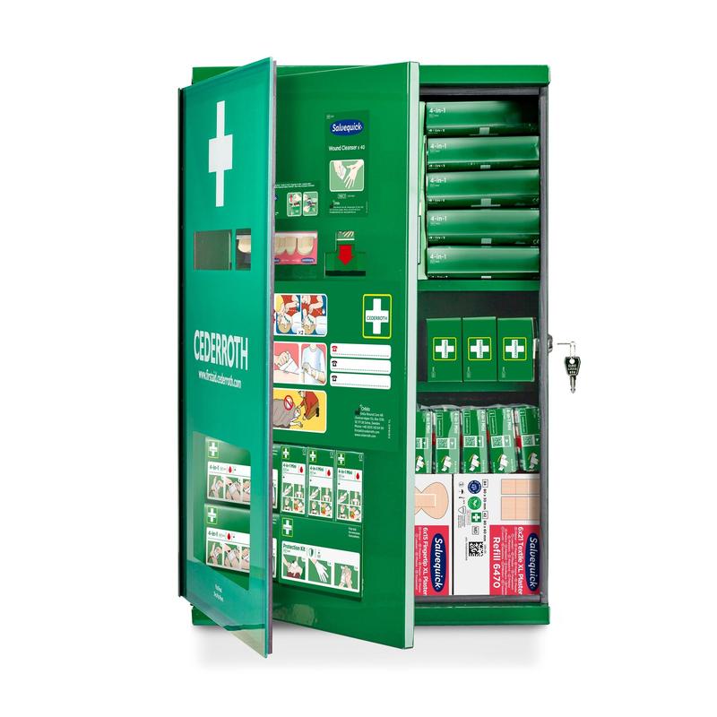 The Cederroth First Aid Cabinet Double Door (Metal) by Orkla Wound Care AB (W 385 x H 575 x D 170 mm) can be opened to reveal organized compartments with medical supplies, clear labels, and a key secured in the cabinet lock.