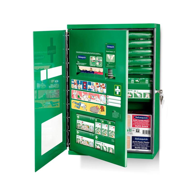 An open Cederroth First Aid Cabinet Double Door (Metal) by Orkla Wound Care AB shows neatly arranged supplies and refill boxes, an illustrated instruction manual on the inner door, a transparent compartment, and a key in the cabinet lock.