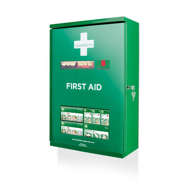 The Cederroth First Aid Cabinet Double Door by Orkla Wound Care AB is a green metal first aid cabinet (W 385 x H 575 x D 170 mm) with a white cross, a key lock, product windows, and an illustrated manual on the front.