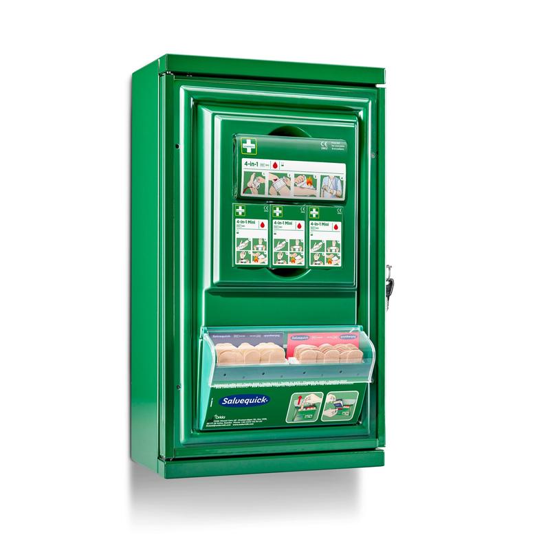 Der Cederroth Erste-Hilfe-Schrank Mini (Metall) von Orkla Wound Care AB verfügt über eine bebilderte Gebrauchsanweisung, ein transparentes Fach mit Verbandsboxen, ist mit Salvequick" beschriftet und verfügt über einen Verschlussmechanismus auf der rechten Seite.