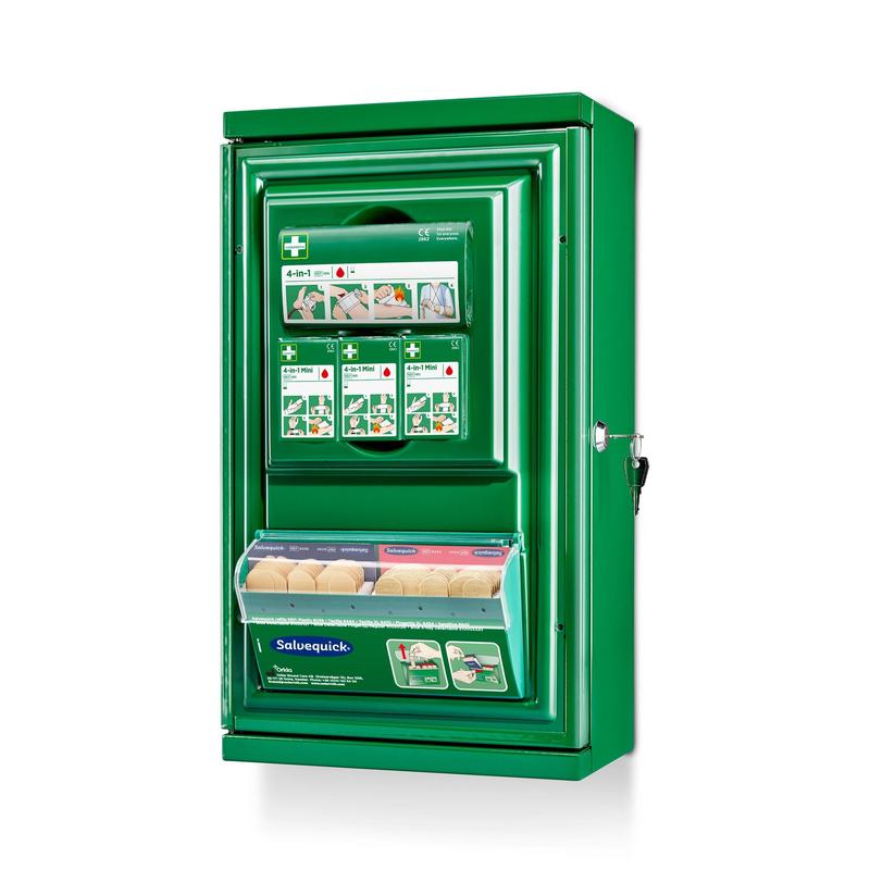 Der grüne Cederroth Erste-Hilfe-Schrank Mini (Metall) von Orkla Wound Care AB (B 260 x H 440 x T 170 mm) verfügt über Vorratsfächer, eine bebilderte Anleitung, eine durchsichtige Salvequick-Verbandstafel und ein rechtsseitiges Schlüsselschloss.