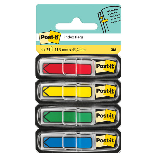 Vier Packungen Post-it® Index Pfeile (11,9 mm x 43,2 mm, 24 Haftstreifen/Spender) von 3M Deutschland GmbH sind in Kunststoffspendern mit Kartonrückseite in den Farben rot, gelb, grün und blau abgebildet.