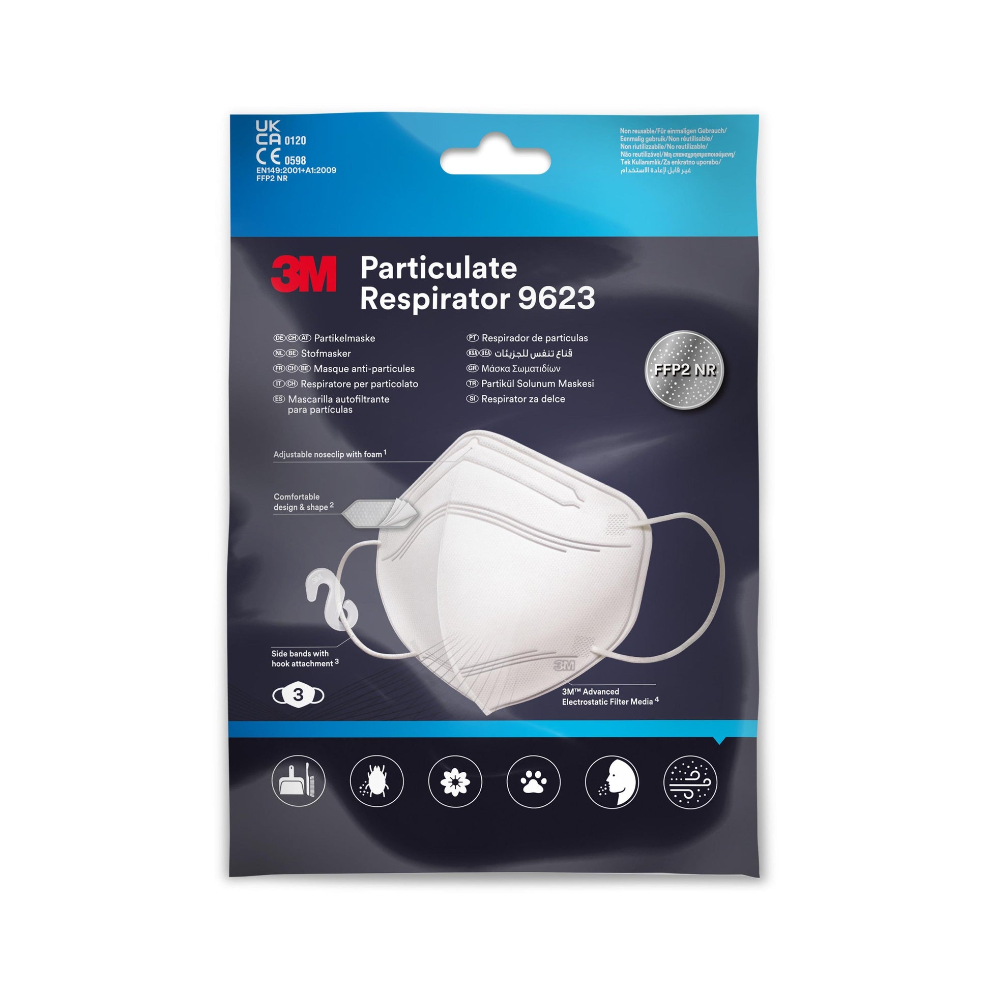 Die 3M™ Partikelmaske 9623 von 3M Deutschland GmbH ist in einer blau-schwarzen Verpackung mit einem weißen Maskenbild, Produktdetails, Sicherheitssymbolen und Zertifizierungen abgebildet; die Packung enthält 3 Masken (1 Stück).