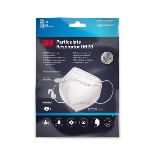 Die 3M™ Partikelmaske 9623 von 3M Deutschland GmbH ist in einer blau-schwarzen Verpackung mit einem weißen Maskenbild, Produktdetails, Sicherheitssymbolen und Zertifizierungen abgebildet; die Packung enthält 3 Masken (1 Stück).