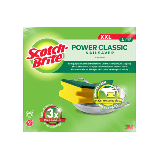 Abgebildet ist eine Packung 3M Deutschland GmbH Scotch-Brite® Classic Griffschwamm XXL mit einer grünen Schachtel mit deutscher Aufschrift und vier Schwämmen (4 Stück pro Packung), die auf Geschirr abgebildet sind.