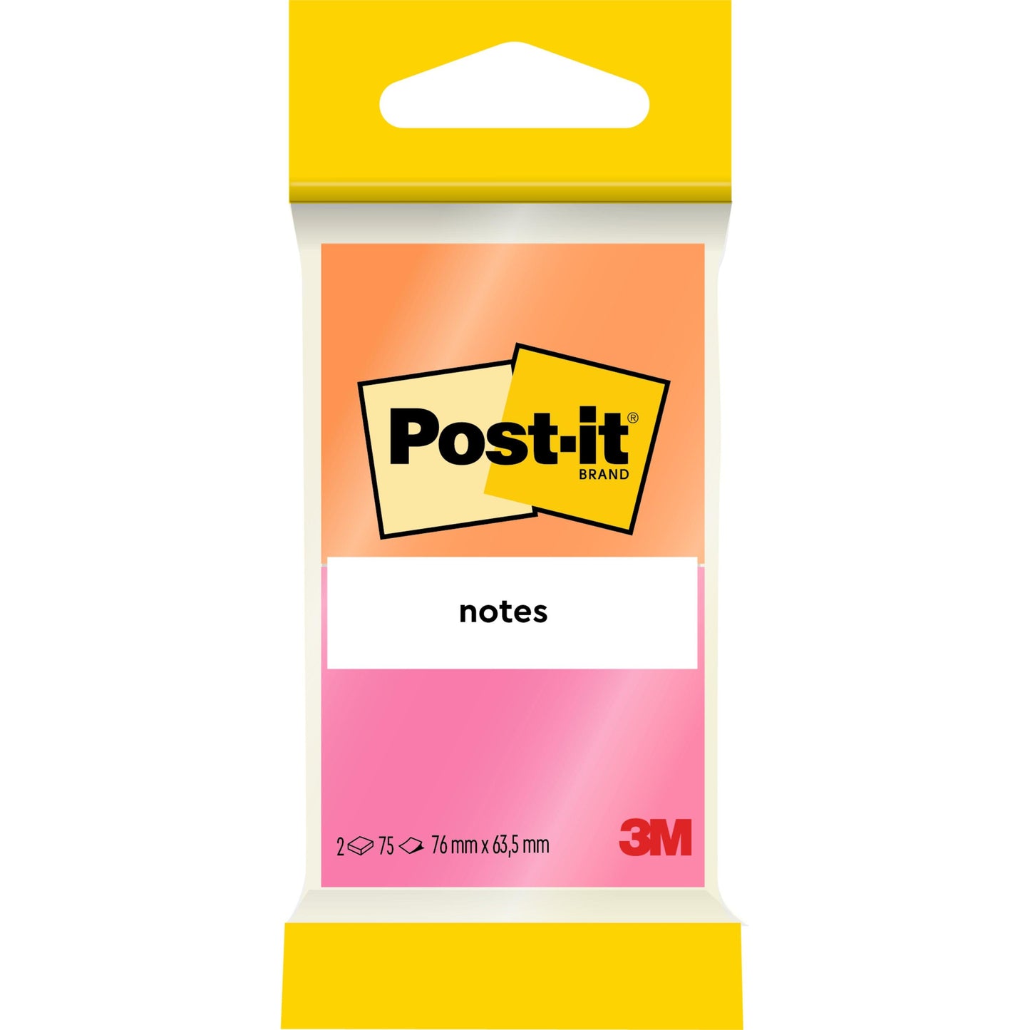 Eine Packung 3M Post-it® Notes aus der Joyful Collection (76 mm x 63,5 mm, 75 Blatt/Block, 2 Blöcke/Packung) ist in einer gelb-weißen Verpackung mit rosa Farbverlauf verpackt und trägt das 100%ige PEFC-Zertifikat (SGSCH-PEFC-COC-110078).