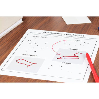 A worksheet with constellations on a wooden table shows star patterns labeled Ursa Major, Ursa Minor, Gemini, Leo, and Orion. Post-it® Transparent Notes by 3M Deutschland GmbH (73x73mm) organize notes, while a red pen points to the circled constellation of Gemini.