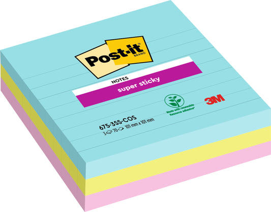 Ein Stapel Post-it® Super Sticky Notes im Großformat (101 mm x 101 mm, 70 Blatt/Block, 100% PEFC) der 3M Deutschland GmbH in den Farben blau, gelb und pink, mit dem Post-it® und dem Super Sticky"-Etikett obenauf.